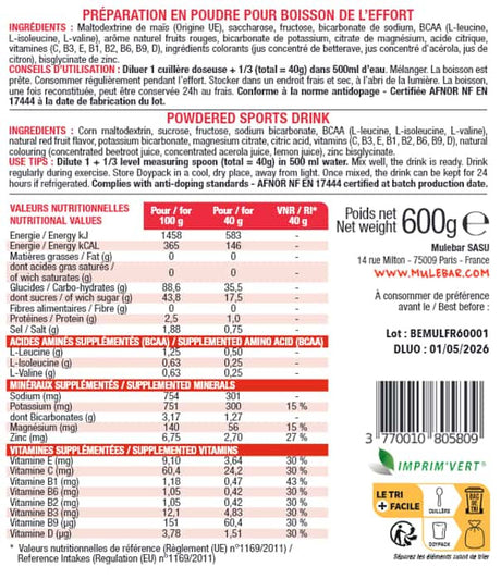 Etiquette verso boisson d'effort en poudre à diluer Mulebar aux fruits rouges