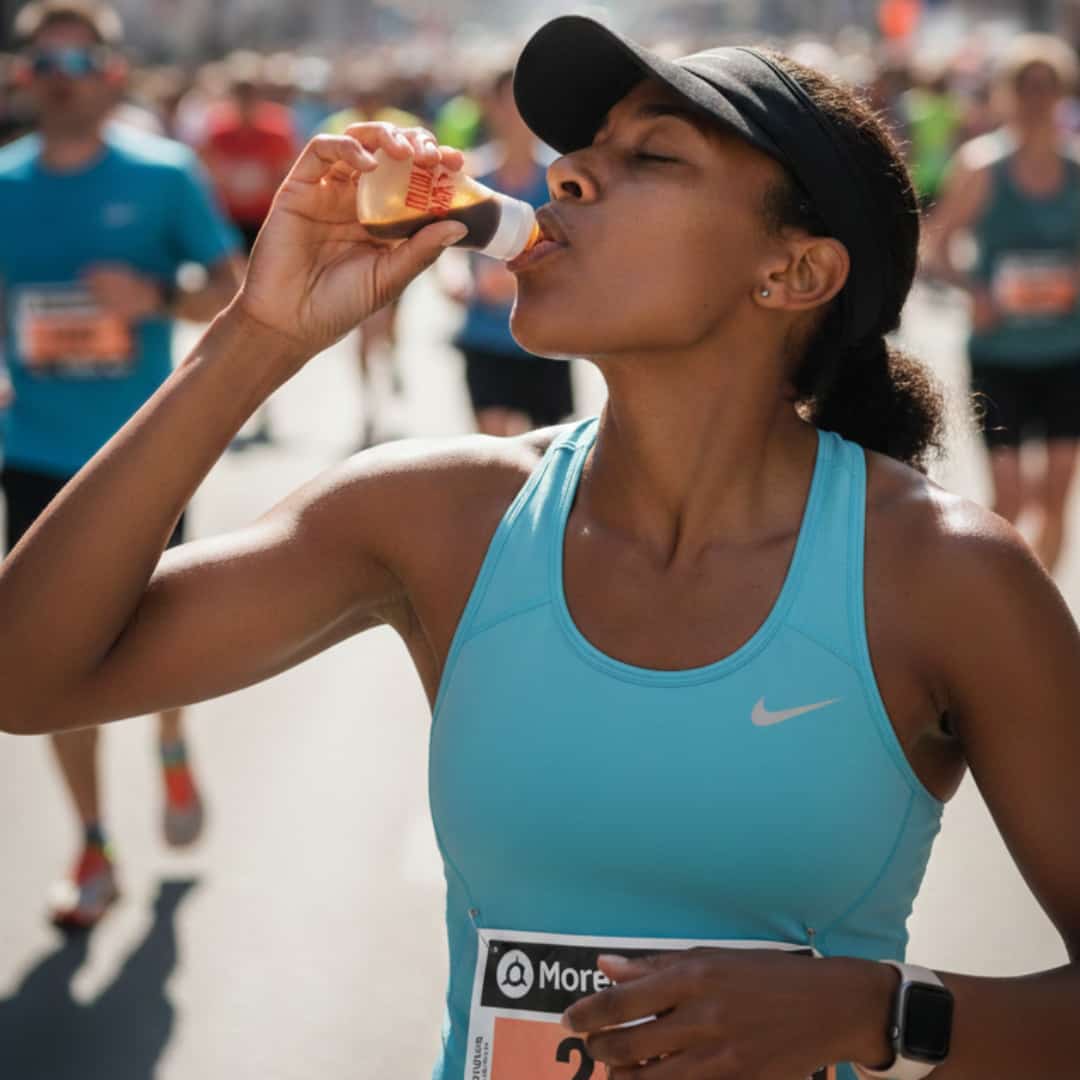 Marathonienne en train de boire son gel dans une fiole en silicone Mulebar