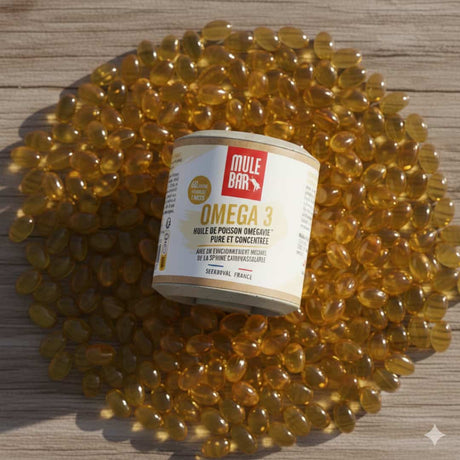 Pot d'omega-3 mulebar au milieu de capsules jaunes