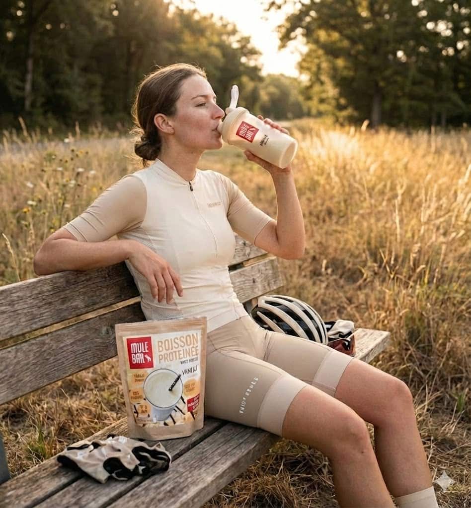 Cycliste buvant un shaker de boisson protéinées Mulebar