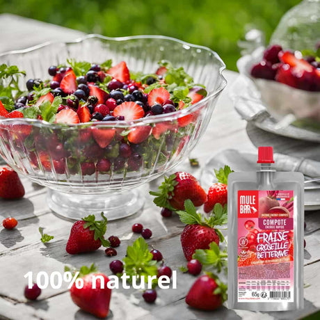 Publicité compote énergétique vegan Mulebar fraise groseille betterave 65g